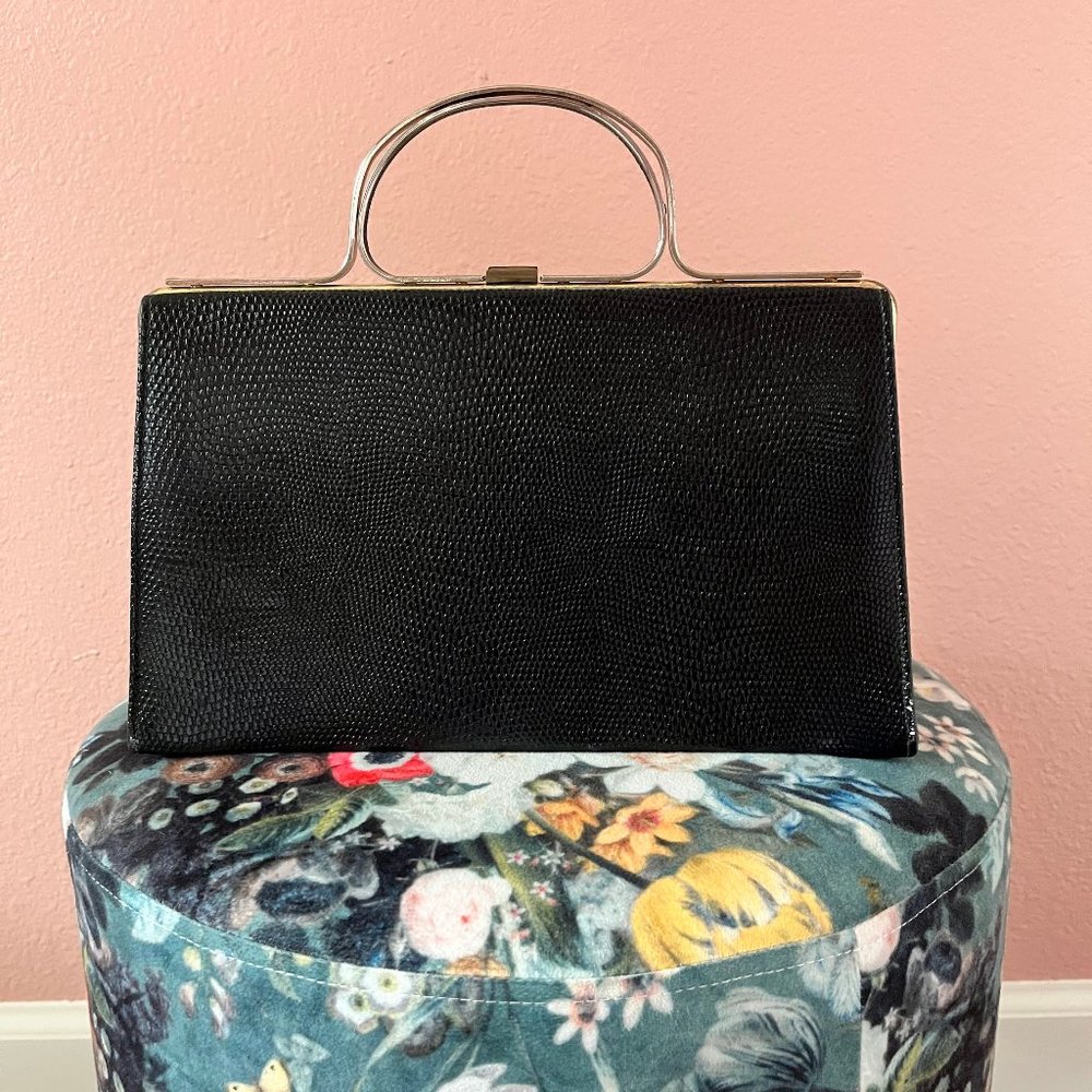 Vintage Black Faux Snake Skin Handbag with Gold Tone Metal Handle